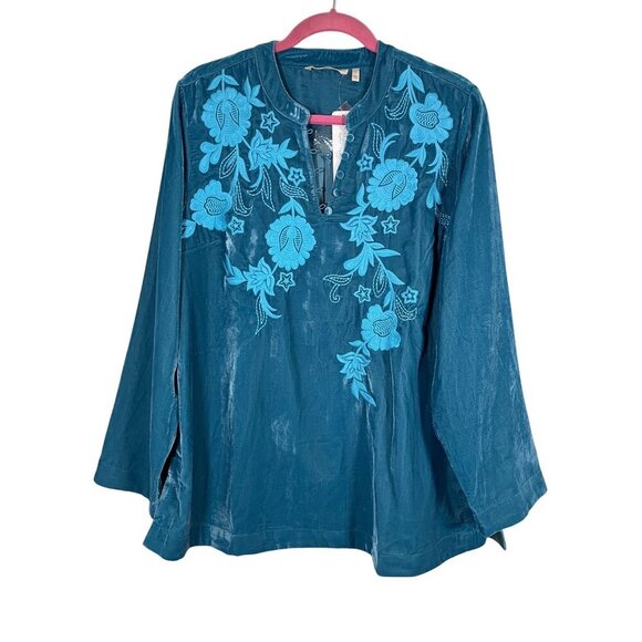Soft Surroundings Tops - Soft Surroundings Floral Top L Blue Embroidery Tunic Boho Western Old Money Chic